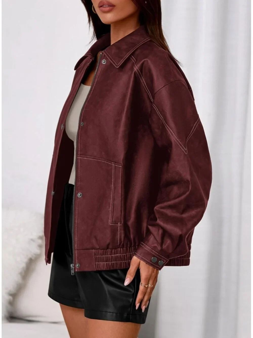 Women's Bomber Motorcycle Zip Up Jackets Oversized Faux Leather Jacket Wine Red
